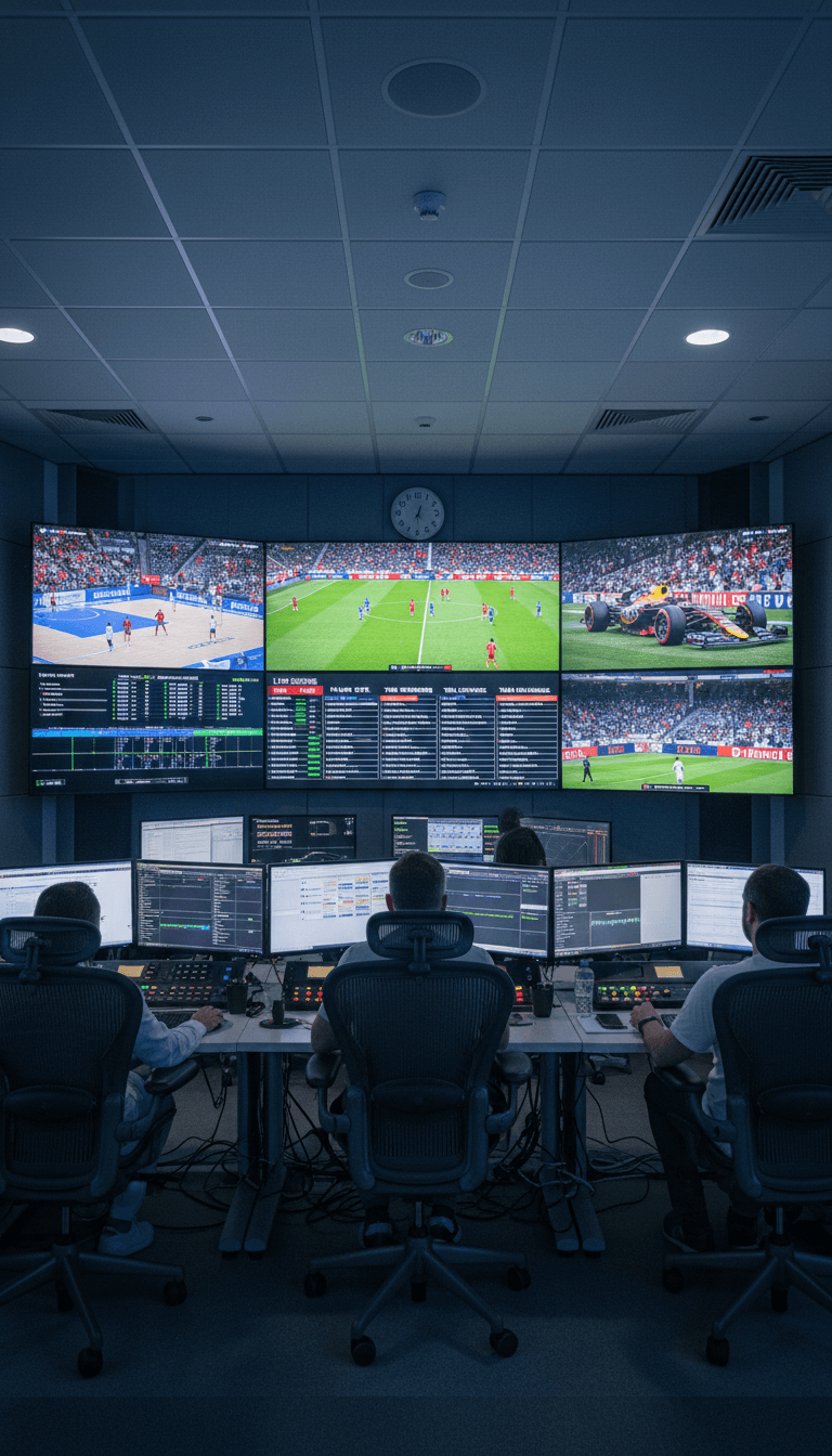 Professional broadcast control room with multiple monitors displaying live sports feeds and real-time data