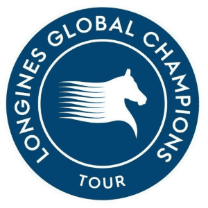 Circular blue logo for Longines Global Champions Tour featuring a white horse head silhouette.