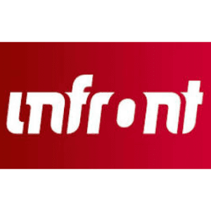 White stylized lowercase 'infront' logo on a red background with a slight dark gradient.
